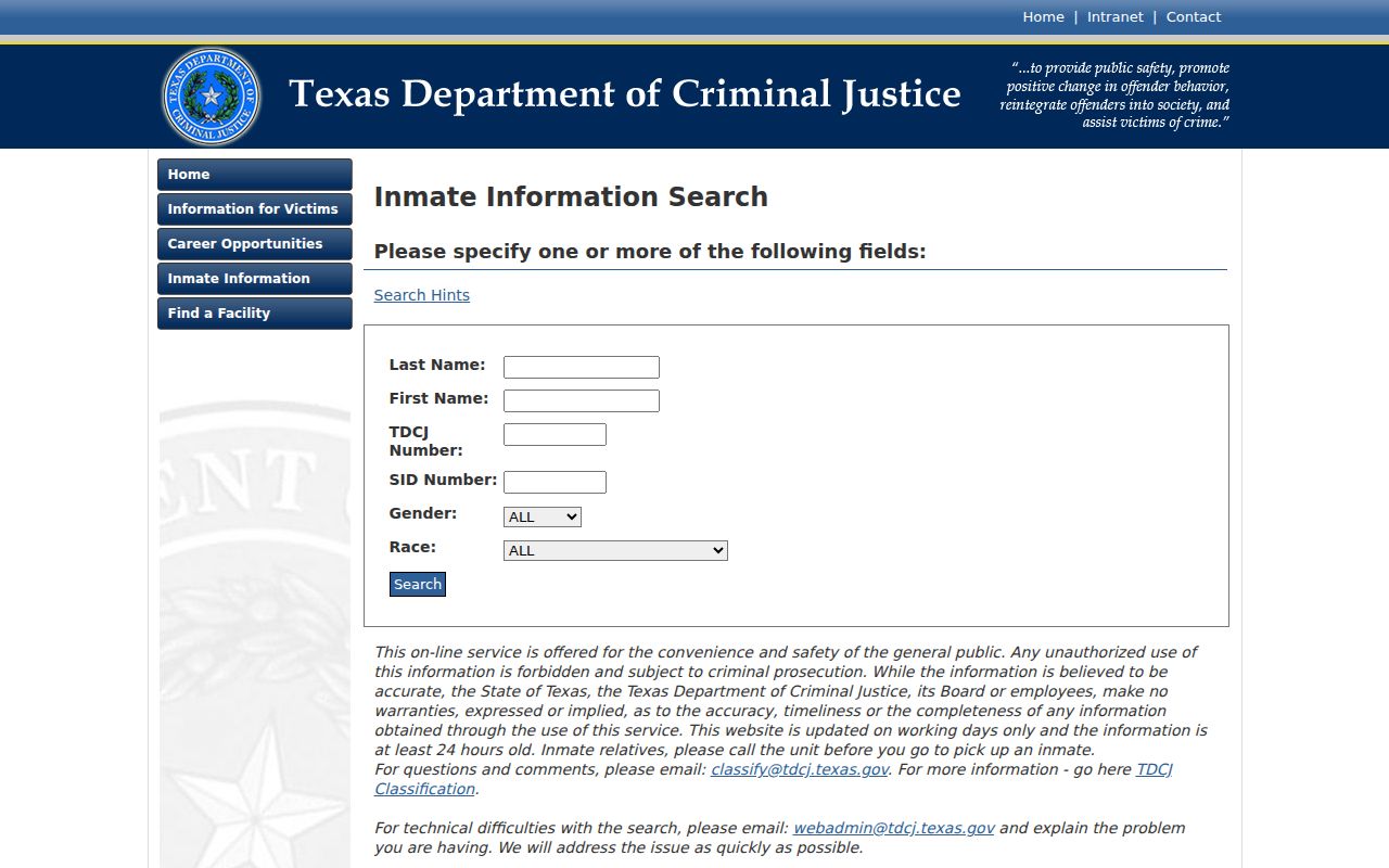 TDCJ inmate search fields after a Freestone County arrest and prison transfer
