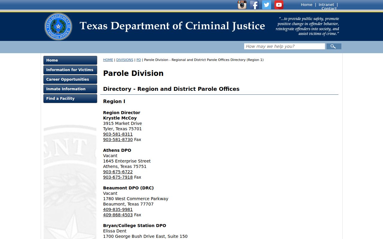 Athens parole office serving Freestone County criminal supervision records