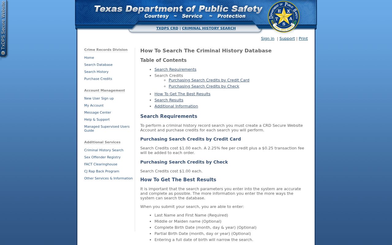 Freestone County criminal history search rules in the Texas DPS conviction portal