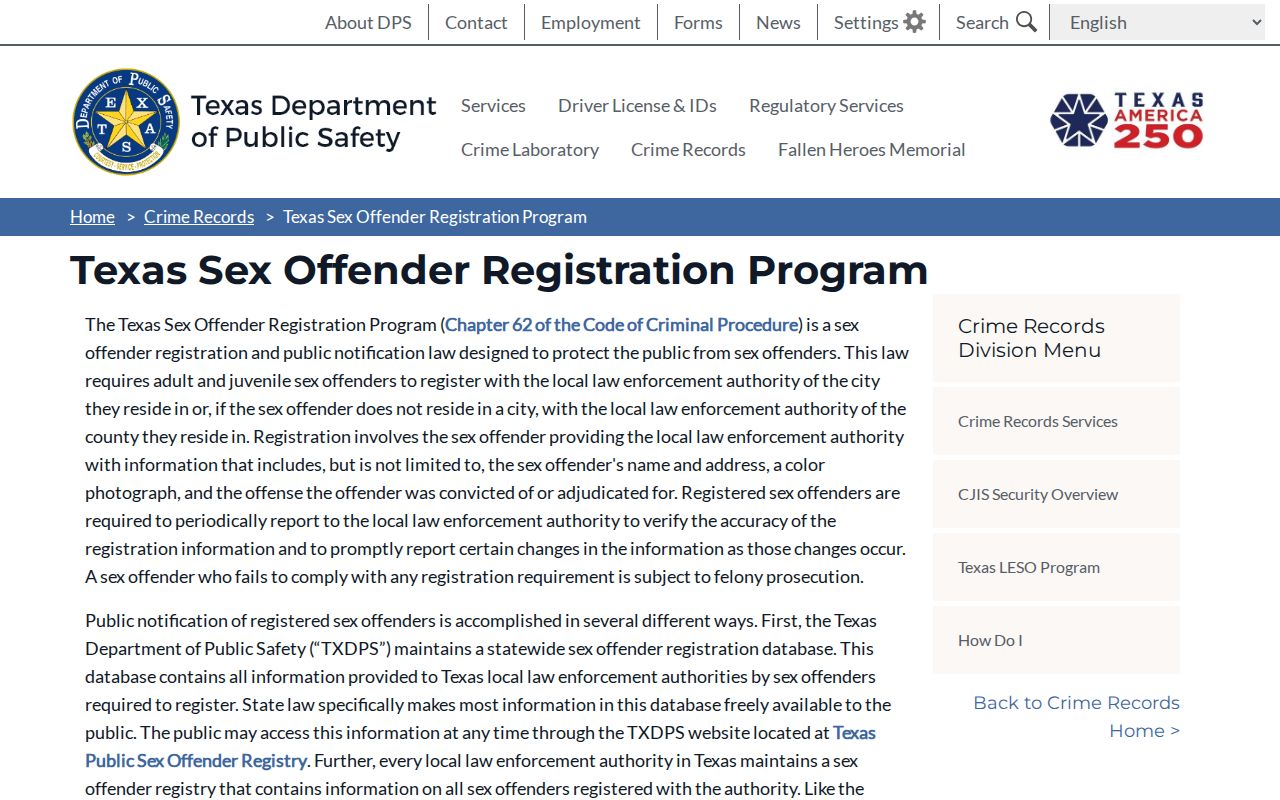 Texas registration and notification information for Freestone County sex offenders