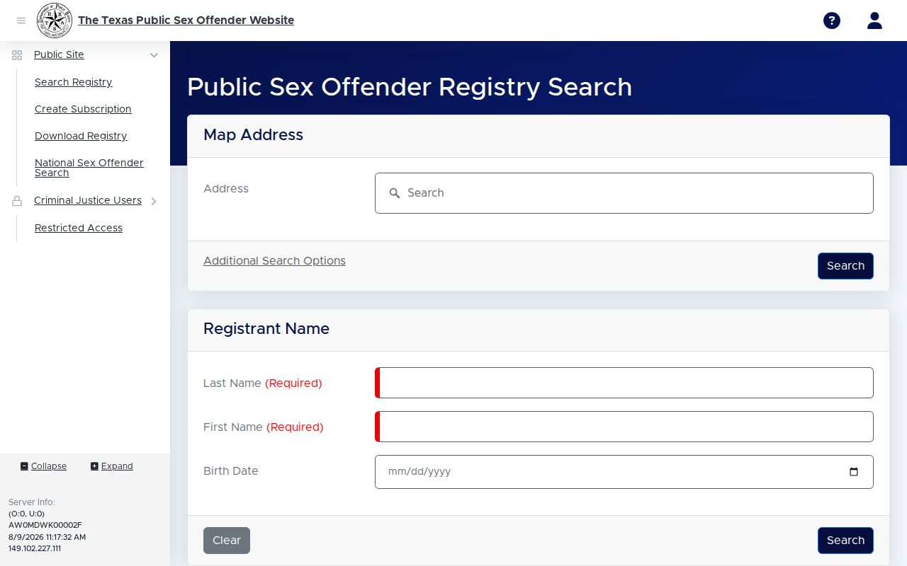 Freestone County sex offender registry search fields on the Texas DPS portal